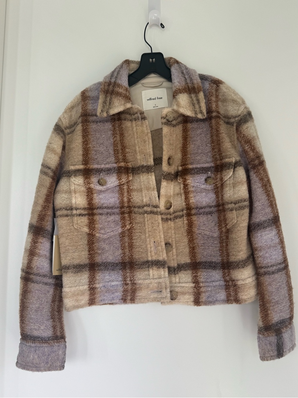 Wilfred Plaid Teddy Shacket in Beige, Brown & Cream